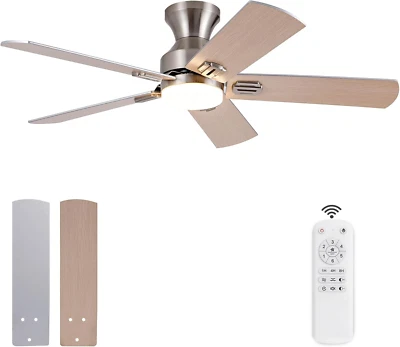 48 Inch Brushed Nickel Ceiling Fans with Lights and Remote,Low Profile Flush Mou