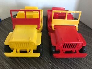 MARX 1950's Vintage Tin Litho Friction Plastic Jeeps, 8 Inches, Yellow & Red Set