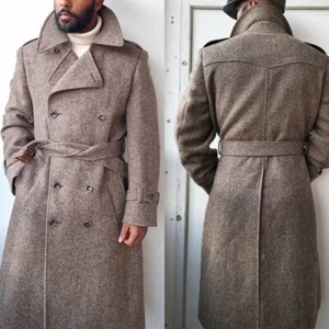 Herringbone Tweed Coat for Men Double Breasted Warm Fabric with Belt for Winter - Picture 1 of 15