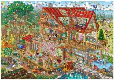 Tenyo 1000 Pieces Jigsaw Puzzle Disney Bustling Log House Mickey & Friends - Image 1 of 4
