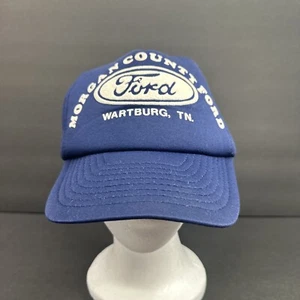 Vtg Morgan County Ford Blue Snap Back Cap Distressed Puffy Print East Tennessee - Picture 1 of 9