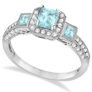 3.7ct Simulated Princess Cut Aquamarine Bridal Ring White Gold Plated - Picture 1 of 3