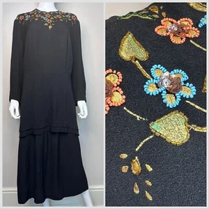Vintage 1940s Black Peplum Dress 40s Painted Flowers Beading Sequins Large - Picture 1 of 8