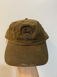 VTG John Deere Waxed Brown Canvas Hat Adjustable Strapback Baseball Cap - Picture 1 of 5