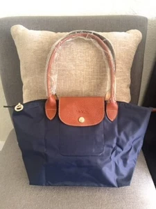 Longcamp Le Pliage Medium Size Tote Bag in Navy Canvas and brown leather - Picture 1 of 5