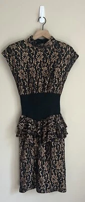 Vestido Vintage Peplum Negro Años 80 Talla 5 6 Mujer Dorado Floral Fiesta Encaje Metálico Foto 1 de 4