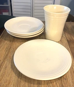 Vintage Fiesta Set of 5 Old Ivory 8 oz Tumbler, 3 Saucers, 1 Bread Plate c 1936+ - Picture 1 of 5