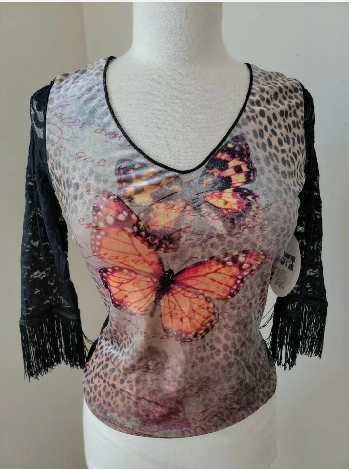 Blusa Y2k Love Amour Feminina Borboleta Renda Franja tamanho 2 Pequena Fada Caprichosa  - Imagem 1 de 4