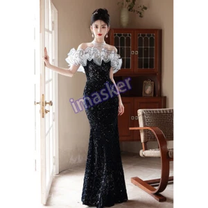 Black Evening Dress Luxury Fish Tail Sequin Flash Hanging Neck OneShoulder Dress - Picture 1 of 31