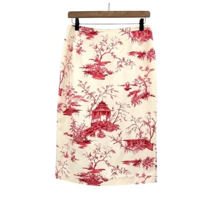 Talbots Vintage 8 Strawberry Red Cream Silk Cotton Asian Toile Pencil Skirt - Picture 1 of 6