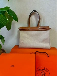 HERMES Herbag Cabas MM Handtasche Canvas Leder beige braun silber echt gut - Bild 1 von 13