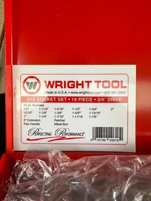 Wright Tool 618  3/4" Drive SAE, 19 pcs with metal case - Image 1 of 4