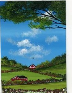 ACEO Original Acrylic Landscape Flowers Garden Birds Red Barns Painting HYMES - Picture 1 of 1