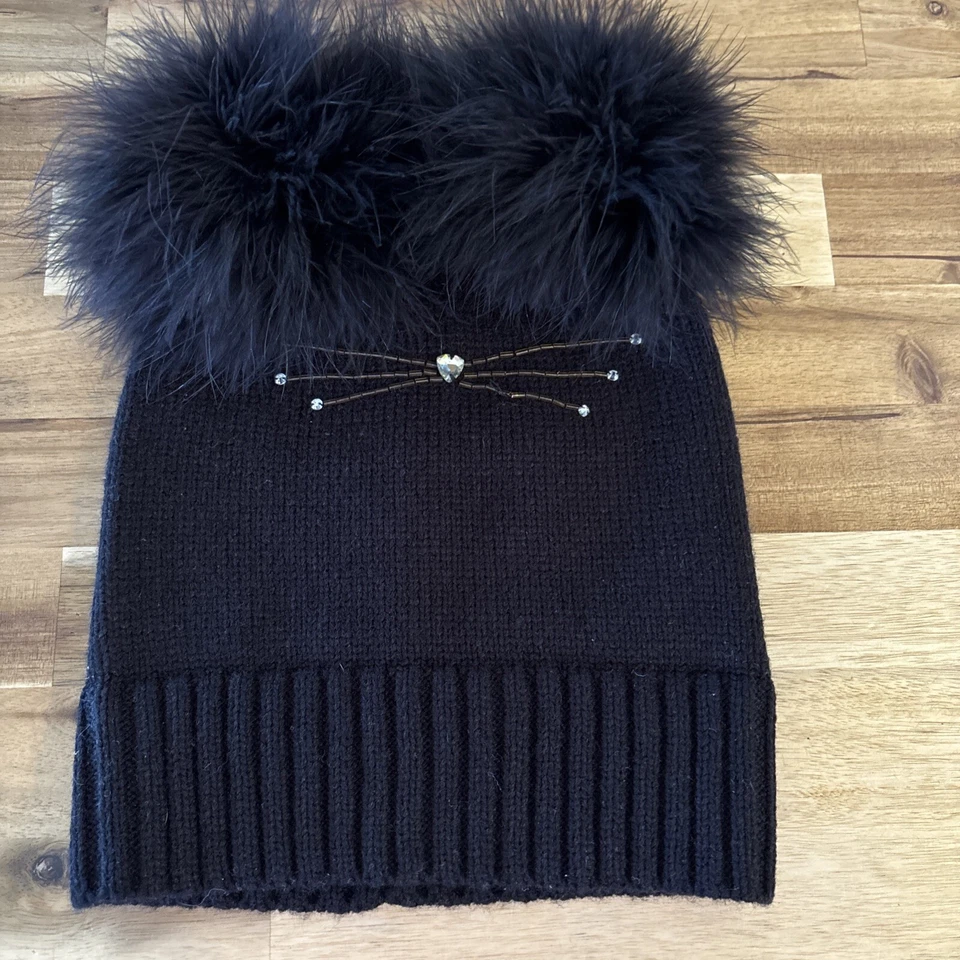 Kate Spade Womens Hat Black Beanie Cat Whiskers Fuzzy Pom Pom Ears - Image 1 of 4