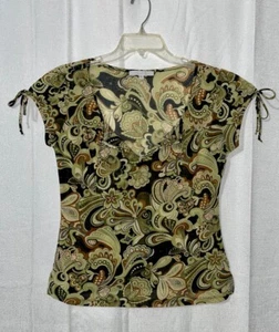 Charlotte Russe Green Brown  Multicolor Paisley Top Semi Sheer V-Neck Casual - Picture 1 of 16