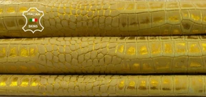 METALLIC YELLOW DISTRESSED ON CROCODILE EMBOSSED Goat leather 4+sqf 0.7mm #C4720 - Picture 1 of 7