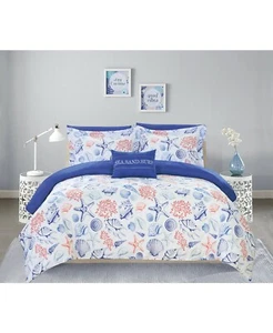 Chic Home Dalis Sea Sand Surf Ocean 8 Pc. Reversible Bed In A Bag QUEEN Multi - Picture 1 of 6