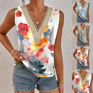 Women Floral Sleeveless V Neck Tops Ladies Summer Casual Vest Tee Blouse T Shirt - Picture 1 of 18