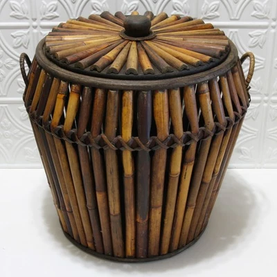 Storage Hamper Basket With Lid Bamboo & Wood Handcrafted Asian Boho Chic Vintage - Image 1 of 4