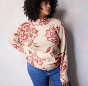 Lauren Conrad Pullover Übergröße 1x Blumenmuster beige Stehkragen Herbst Winter warm - Bild 1 von 9