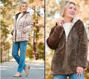 NEU SUSAN GRAVER Wende-Fleecejacke gesteppt gewebt & Plüsch taupe kariert S - Bild 1 von 6