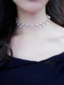 White Pearl Zigzag Choker Necklace, Minimalist Fashion White Pearl Necklace - Picture 1 of 7