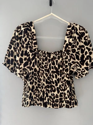 Top Monteau Estampado Leopardo Manga Abullonada Cuello Cuadrado Mezcla de Lino Talla XL Foto 1 de 4