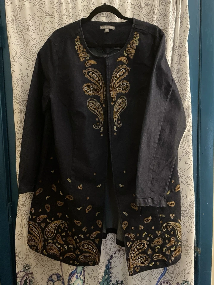 Chaqueta vaquera larga para mujer Jessica London 20 W lavado oscuro con bordado Foto 1 de 4