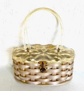 1950's Mid-Century Modern Basket Weave Marbled Lucite Purse - Picture 1 of 13