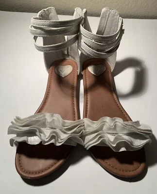 JUSTICE SANDALS SIZE 4 WHITE SHIMMERING RUFFLES ANKLE STRAPS SUPER CUTE - Image 1 of 4
