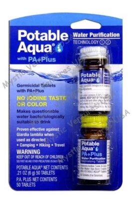 Potable Aqua PA+ Plus Drinking Water Purification Tablets 50ct Treats 25 quarts - Image 1 of 4