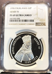 1996 FALKLAND ISLANDS SILVER 2 POUNDS HENRY VI NGC PF 69 ULTRA CAMEO TOP POP 1 - Picture 1 of 3