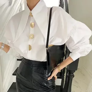 women Button Down Loose Shirt Sharp Corner Lapel Long Sleeve Formal Blouse Tops - Picture 1 of 14