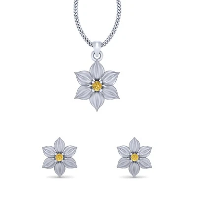 Giallo Citrino Fiore Ciondolo Orecchini Set a 925 Argento Sterling - Immagine 1 di 4