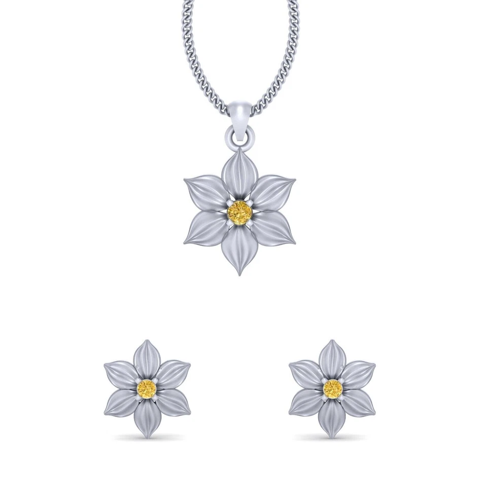 Giallo Citrino Fiore Ciondolo Orecchini Set a 925 Argento Sterling - Immagine 1 di 4