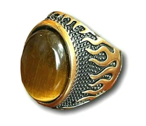 Mens Stainless Steel Natural Oval Gold Tiger Eye Stone Ring Men Size 7 to 13 - Picture 1 of 4