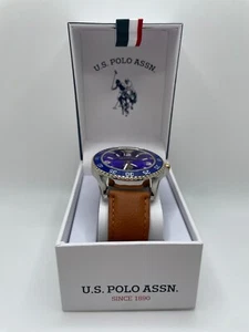 U.S. Polo Assn. Mens Blue Dial Brown Leather Band Analog Round Wristwatch - Picture 1 of 12