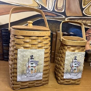 2 Tall Winter Snowman Hand Painted Baskets Woven Traditions Handle Nesting 1 Lid - Picture 1 of 15