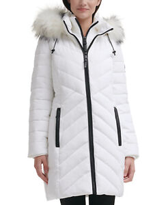 DKNY Women's Faux-Fur-Trim Hooded Puffer Coat Small White