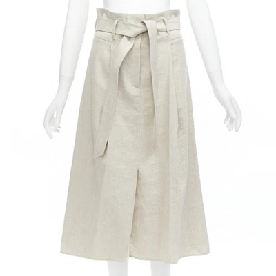 BRUNELLO CUCINELLI Beige Algodón Lino Corbata Cinturón Línea A Midi Falda IT40 S Foto 1 de 4
