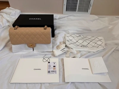 Подлинный Chanel классический средний бежевый Clair икры GHW клапан сумка полный комплект с квитанцией - Изображение 1 из 4
