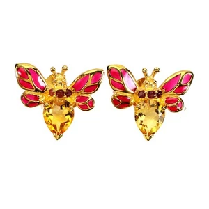 925 Sterling Silver Earrings Pear Citrine 10x8mm Ruby Gemstone Enamel Butterfly - Picture 1 of 13