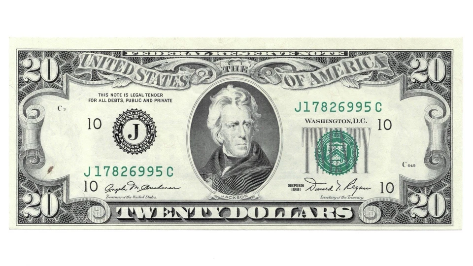 1981 $20 Federal Reserve Note - Kansas City - Bright Paper - Minor Margin Stain - Image 1 of 4