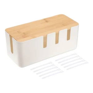 Cable Management Box with Nylon Cable Ties, White, Wooden Lid - Afbeelding 1 van 7