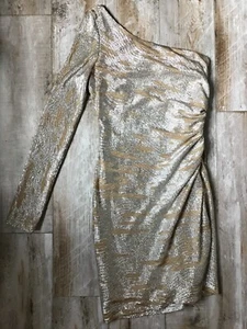 Hailey Logan Adrianna Papell One Shoulder LONG SLEEVE silver and gold dress XS - Picture 1 of 5