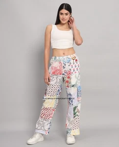 NEW WOMAN FULL LENGTH PATCHWORK PRINT PANTS WHITE FLORAL PRINT BAGGY TROUSER - Foto 1 di 8