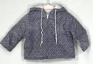 VTG NAVY BLUE GRAY Diamond Print CORDUROY QUILTED JACKET COAT Hooded Zip-Up 12M - Picture 1 of 9