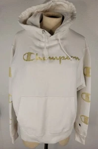 CHAMPION Hombres M Suéter con Capucha Tejido Inverso Sudadera con Capucha Pesado Blanco Dorado Spellout - Imagen 1 de 9