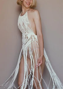 Handmade White Midi Dress, Unique Macrame Sexy Beach Wear, Sexy Cover-up Dress - Picture 1 of 10