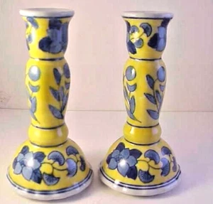 Pair Candle Holders Flowers Are Bright Blue With Deep Mustard Yellow Background - Picture 1 of 10